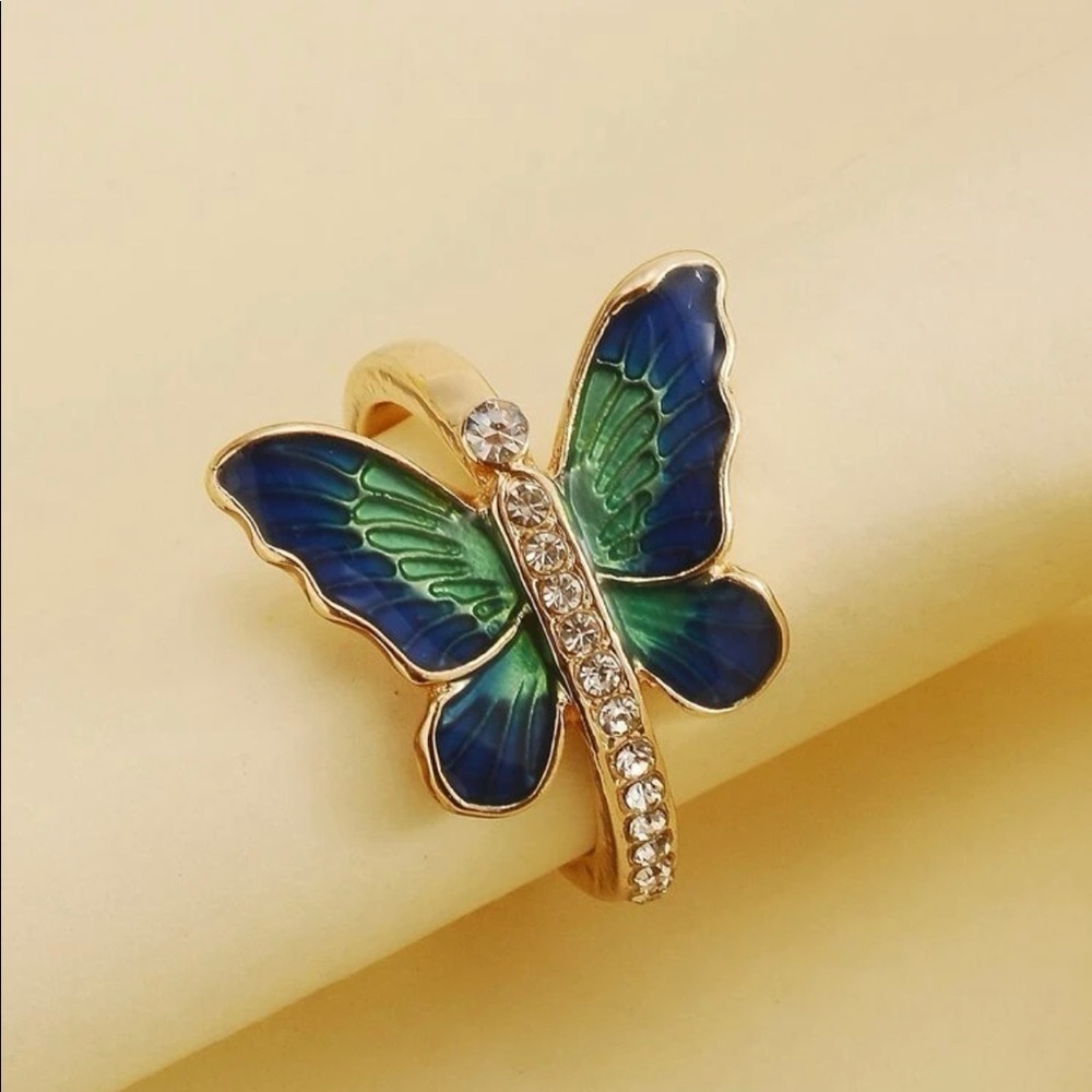 Butterfly Enamel Rhinestone Gold Ring
